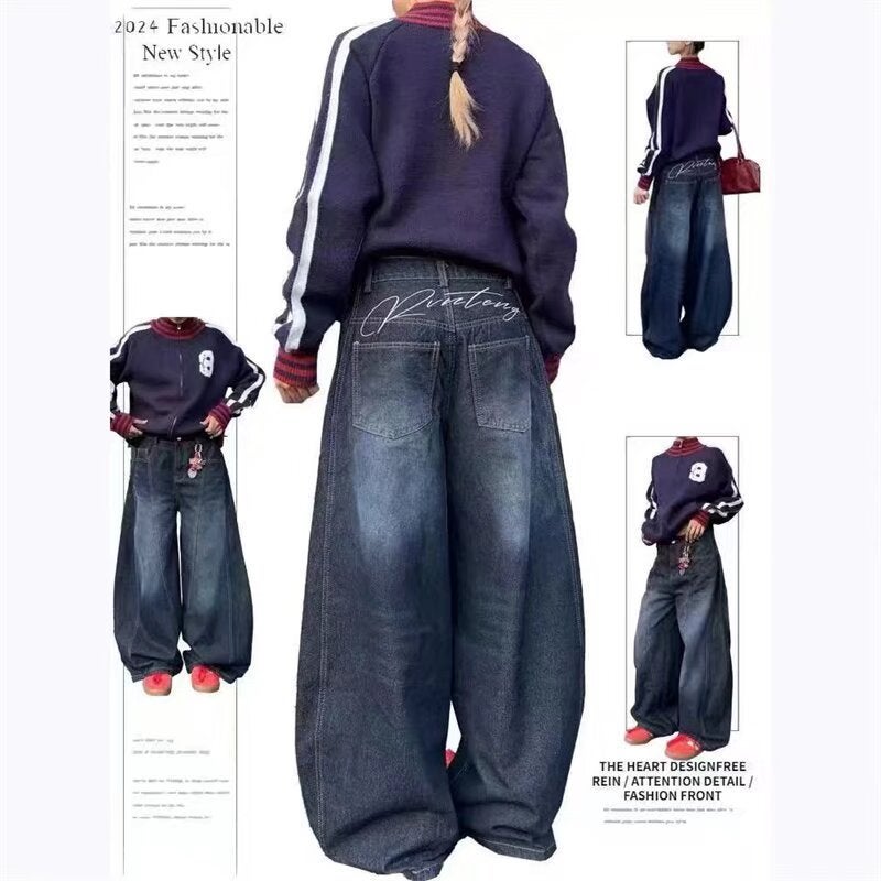 American Retro Dark Blue Letter Print Jeans For Men And Women, Trendy Simple Scimitar Wide-Leg Floor-Length Pants - Image 2